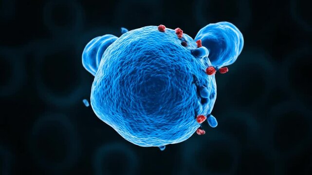 Microscopic View of Virus and Immune Cells - A microscopic video depicting a red virus cell surrounded by blue immune cells.