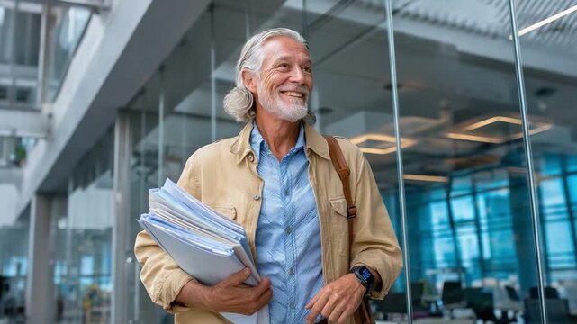 Successful Professional on the Move: A distinguished man strides confidently through a modern building, embodying experience and success in a business setting. He carries important documents.