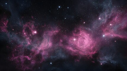 Fototapeta premium Celestial vista presents a vast cosmos filled with radiant nebula clusters and scattered stars, creating a vibrant cosmic scene with deep purples, blues, and blacks, representing the awe of space.