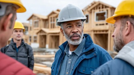 Construction Team Meeting: A diverse group of construction workers, wearing hard hats and safety gear, engage in a collaborative meeting at a building site, focusing on effective communication.