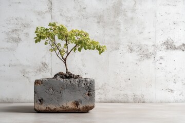 Small bonsai tree in a concrete pot