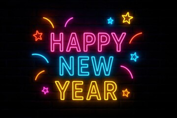 Neon Happy New Year Sign on Brick Wall