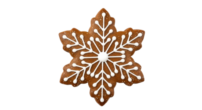 Isolated gingerbread cookie. Festive decorated winter holiday snowflake shape treat icon