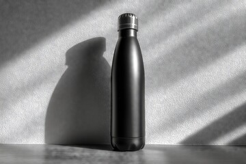 Black insulated water bottle in sunlight with shadow on wall