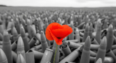 Single Red Poppy Flower Growing Among a Field of Black and White Rifle Bullets, Peace Concept