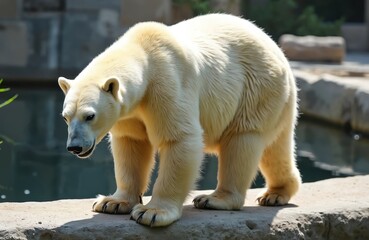Large polar bear with thick white fur walks on rocky ledge near water. Animal looks down, showing its powerful paws and claws. It is in a zoo enclosure.