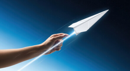 Hand Launching a Glowing Paper Airplane Against a Dynamic Blue Sky Background, Start-up Concept