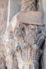 Historic Romanesque Sculpture Sant Joan les Fonts Monastery Gerona Spain 12th Century Medieval Capital Detail with Acanthus Leaves