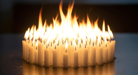 Circle of Small White Candles Burning with a Tall Unified Flame in a Dark Room, Unity Concept