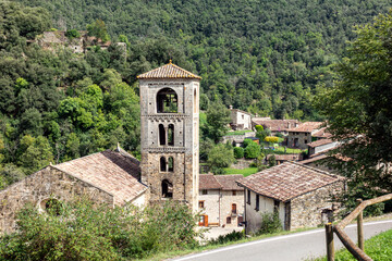 Historic Romanesque Sant Cristòfor de Beget Church Gerona Spain 12th Century Medieval Bell Tower and Rural Village Landscape