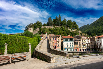 Historic Medieval Pont Nou Bridge Camprodon Gerona Spain 12th Century Stone Archway and Colorful Old Town Architecture
