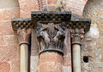 Historic Romanesque Sculpture Sant Joan de les Abadesses Monastery Spain 12th Century Medieval Capital Detail with Carved Animals