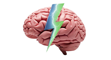 Isolated brain with lightning bolt suggests mental power, intelligence, innovation, health