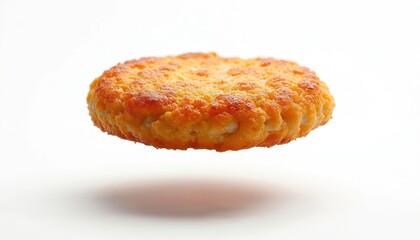Fototapeta na wymiar Golden brown fried breaded patty floats mid air over white surface creating shadow. Ready for burger assembly or snack. Minimalist food style.