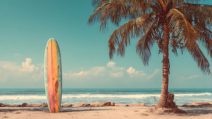 Nostalgic Beach Scene: Weathered Surfboard, Palm Tree, and Turquoise Ocean under a Retro Sky