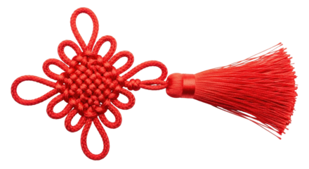 Isolated red decorative Chinese knot with tassel, oriental good luck symbol, wealth enhancer