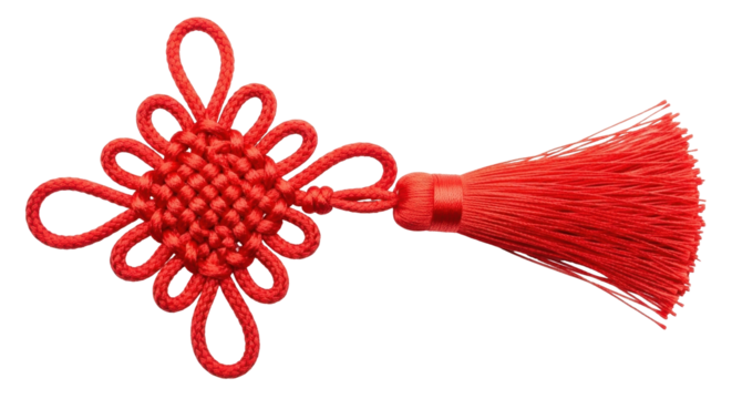 Isolated red decorative Chinese knot with tassel, oriental good luck symbol, wealth enhancer