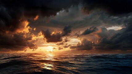 Dramatic seascape displays dark, brooding clouds over the ocean's surface as the sun attempts to break through, its light creating a breathtaking golden hue across the sky and reflecting upon the...