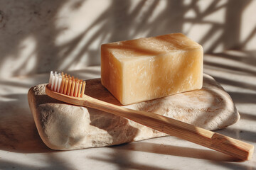 Natural bamboo toothbrush and bar soap on stone under sunlight