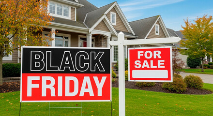 Fototapeta premium Black Friday Sign in Yard of House for Sale