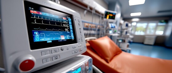 High-Tech Medical Equipment in a Modern Hospital Room with Patient Bed and Monitors