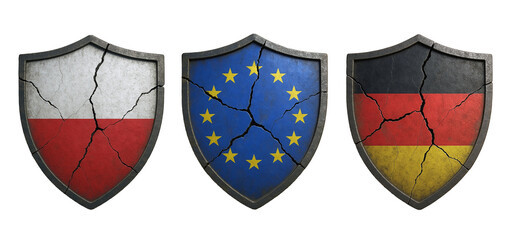 AI generated illustration of cracked shields with Poland, European Union, and Germany flags, symbolizing fragility, conflict, and geopolitical challenges.