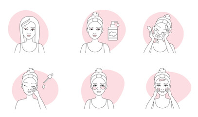 Makeup removal guide thin line icons set vector illustration. Outline girls remove beauty products from skin of face, use facial tissue and cotton pads, cleanser and water to clean and care skin