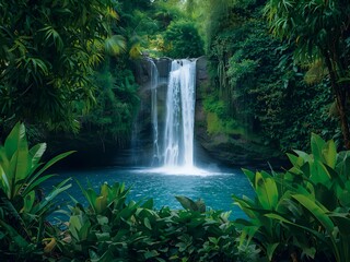 Obraz premium Immerse yourself in the majestic beauty of a stunning jungle waterfall and serene blue lagoon.