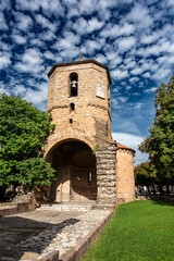 The historic 12th-century Romanesque bell tower built over the apse of the Sant Joan i Sant Pau church ruins in Sant Joan de les Abadesses. Catalonia, Spain.