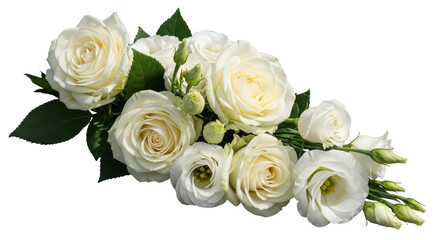 Isolated floral arrangement with roses, delicate blossoms, and fresh green leaves