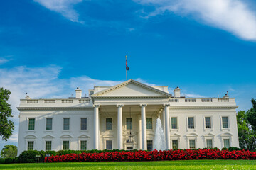 Obraz premium White House in Washington DC. White House and democracy. American presidents residence. White House building. Federal government. The White House with green grass.