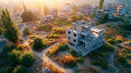 Obraz premium Construction Slowdown Design. Abandoned stone buildings in a rural area during sunset with overgrown vegetation.