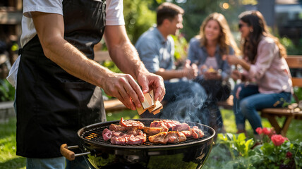 Man adds wood chips to thebarbecue for smoky taste