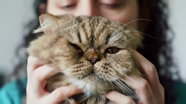 Woman lovingly squishes the face of her adorable golden shaded persian cat, showcasing a tender moment and emphasizing the pet's fluffy beauty and captivating golden eyes