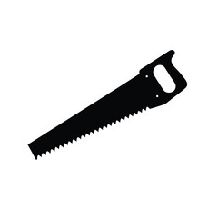 Black silhouette illustration of a hand saw carpentry tool on white background