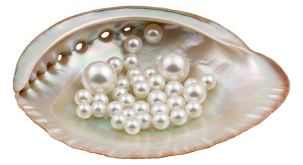 Isolated iridescent abalone shell containing loose pearls, showing shiny nacre texture
