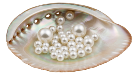 Isolated iridescent abalone shell containing loose pearls, showing shiny nacre texture