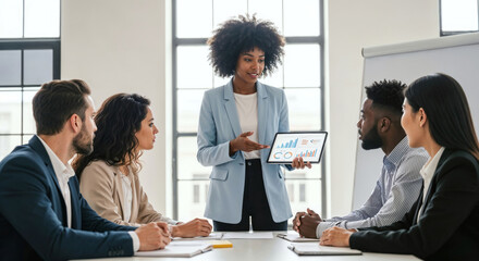 Confident afro businesswoman giving presentation in modern office, showing tablet with financial charts and graphs to colleagues. Female leadership, teamwork and corporate strategy concept