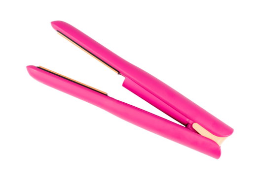 Cordless pink hair straightener on a transparent background. This styling tool is perfect for show salon services, travel blogs, or hair care advertising.