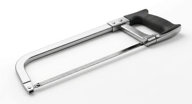 Close-up of a brand new hacksaw tool with metal frame and comfortable black handle white background