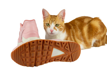 A pair of fashionable pink leather sneakers on a transparent background with one sneaker showing its sole with a lovely tabby orange-white cat posing. 