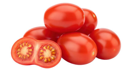 Isolated plum tomatoes in a pile, one cut in half showing seeds; fresh, healthy food and produce