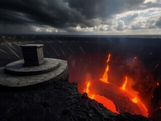 Dramatic view of a volcanic crater with flowing lava and dark, stormy sky.