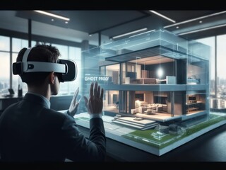 Man wearing VR headset interacts with a holographic architectural model of a modern house in an office setting.