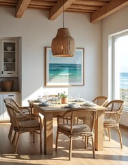 Fototapeta premium Light dining room with coastal decor features wooden table wicker chairs. Oceanic artwork hangs on wall. Kitchen cabinets visible in background. Bright airy space. Window provides sunlight, ocean