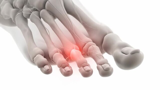 Anatomical Illustration of Foot Pain - An illustration of the bones and soft tissues of a human foot, with a red glow highlighting the area of pain.