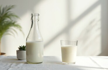 Glass bottle, glass of fresh white milk on table with plant. Dairy drink on white tablecloth with sun shadow. Healthy eating concept for breakfast. Natural organic product for diet.