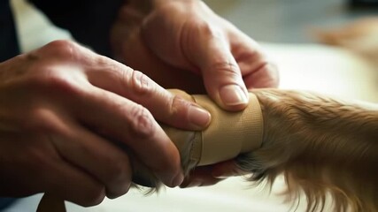 Close-up of caring hands carefully bandaging a golden retriever's injured paw, ensuring comfort and healing, showcasing pet care and responsibility in a gentle, compassionate manner