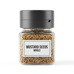 A glass jar of mustard seeds on white background