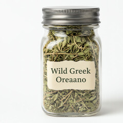 A glass jar of wild greek oreaano on white background